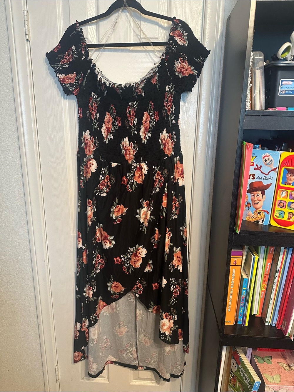 Girls Black Floral Off-Shoulder High-Low Dress